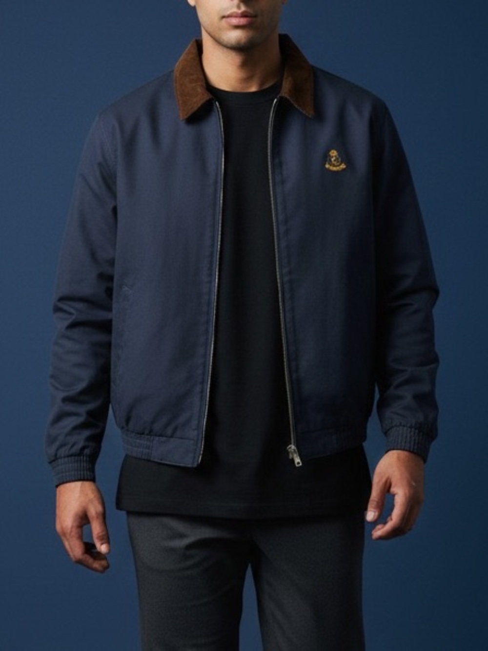 Chaps Navy Bomber Jacket with Brown Corduroy Collar